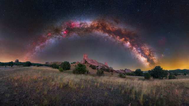 Milky Way Arch Across Sky Over Zafra Castle &ndash; Dreamy Night Scene