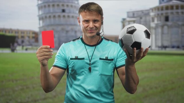 Man referee holding red card and soccer ball with whistle and headset, standing on grass near a famous tower and building; authority discipline fairness.