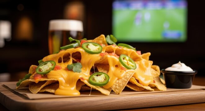 Nachos with warm cheese drip and jalapenos for game day appetizers and pub food menu design promotional visual