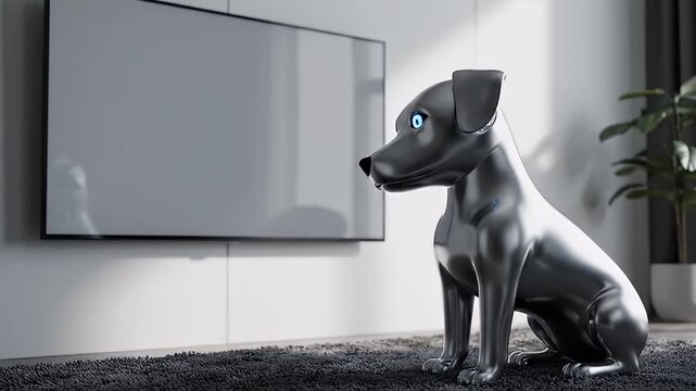 Sleek robot dog sits on rug watching television screen
