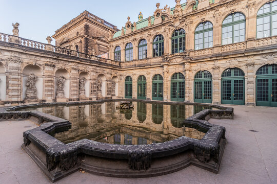DRESDEN, GERMANY - JUNE 19, 2022: Nymphenbad fountain and Marble Hall at Zwinger palace in Dresden, Germany