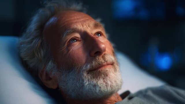 A serene moment capturing the peaceful expression of an elderly man resting thoughtfully, evoking feelings of tranquility, wisdom, and contemplation in a subdued atmosphere.