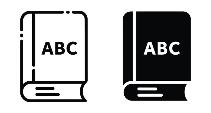 ABC book icon set featuring outline and solid glyph styles for education learning alphabet school library reading study and literacy