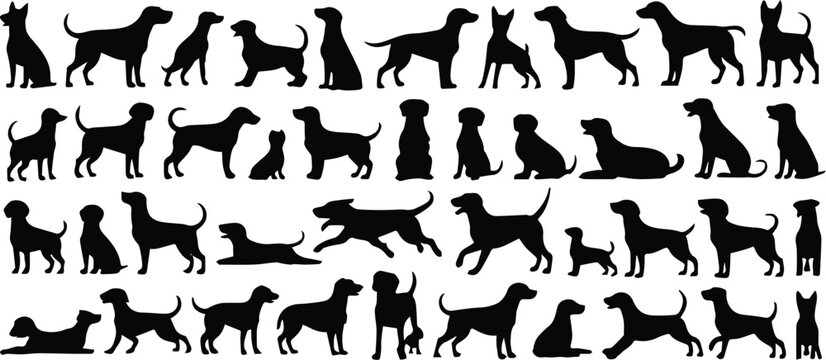 dog silhouettes set of breeds and poses vector illustration