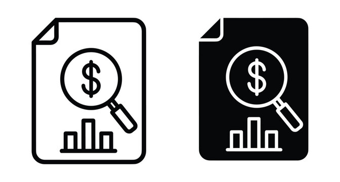 Financial audit report icon set featuring document with magnifying glass dollar sign and bar chart for business data analysis research
