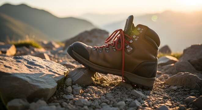 Rugged brown leather hiking boot with vibrant red laces resting on a rocky mountain path at sunset