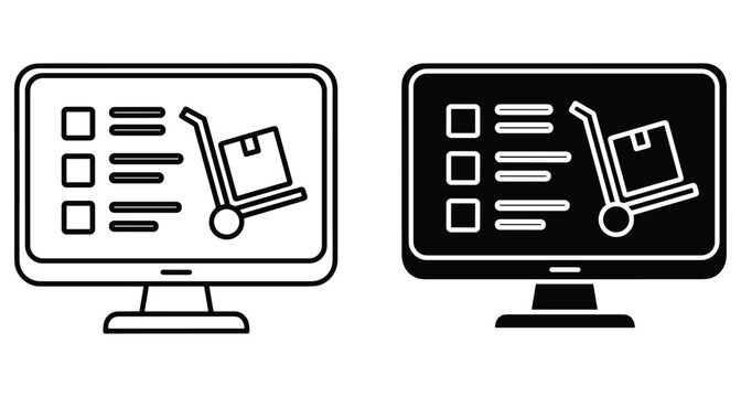 Online logistics management system icon showing computer monitor with delivery hand truck and package tracking list for warehouse inventory control