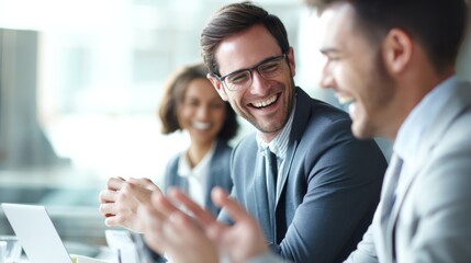 Obraz premium Colleagues enjoying light moment during discussion in office meeting