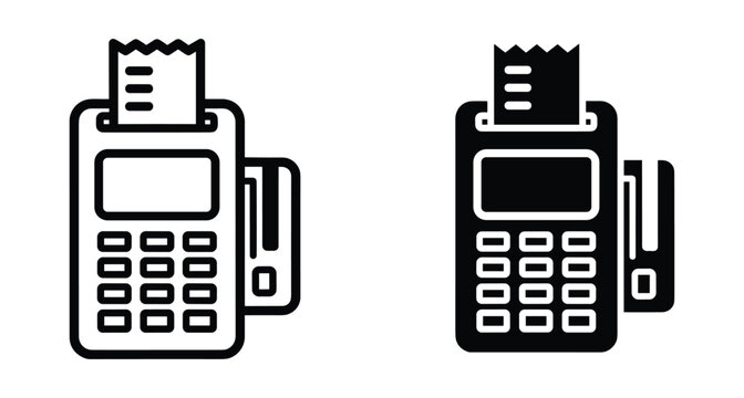 POS terminal icon set with credit card and receipt for electronic payment processing retail transaction banking commerce and financial services