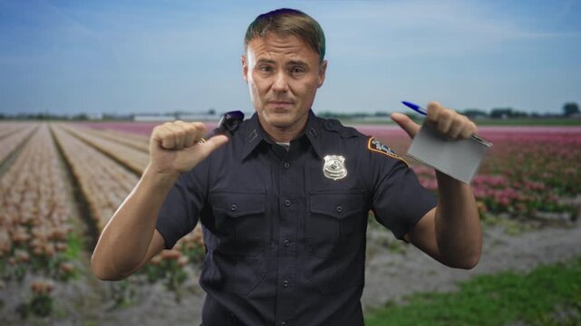 Police man in uniform holds a notepad and pen and points thumb to his chest while addressing camera in studio; duty.