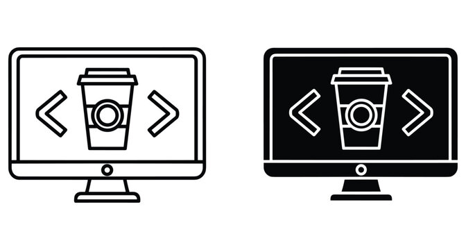 Computer monitor displaying coffee cup icon with coding brackets in line and solid glyph styles for web development and programming themes