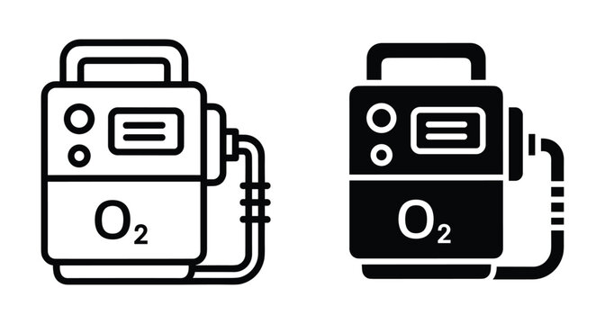 Oxygen concentrator icon set featuring portable medical breathing machine for respiratory therapy and healthcare support oxygen concentrator icon