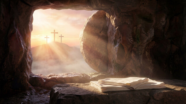 Empty tomb and crosses at sunrise for easter resurrection