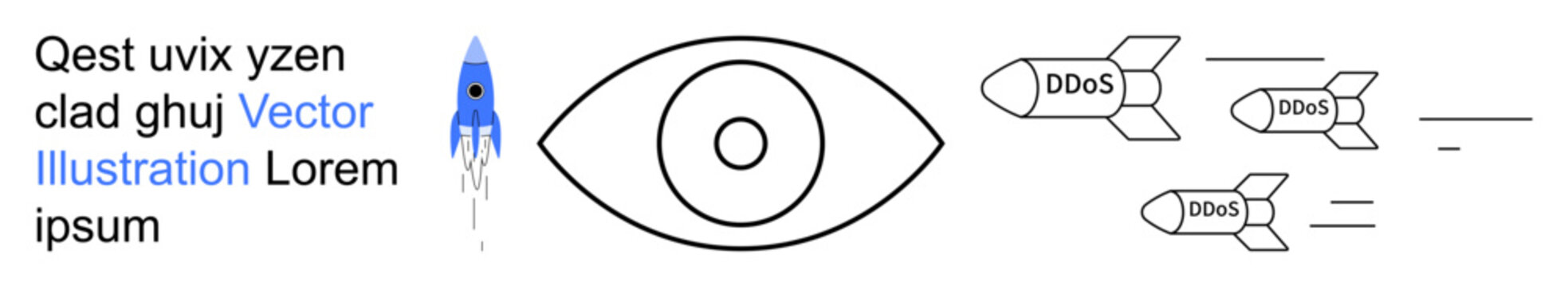Cybersecurity, DDoS attacks, surveillance, digital threats, network protection, data security. An eye surveillance and missiles marked DDoS. Cybersecurity and DDoS attacks concept
