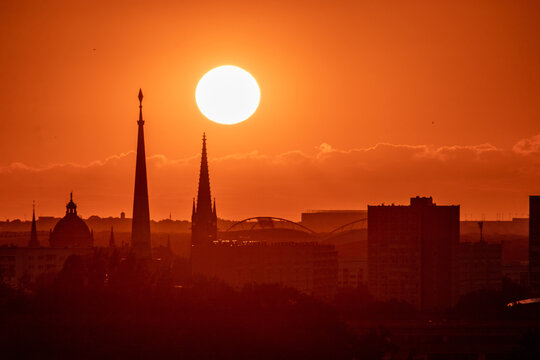 Sunset above the Leipzig skyline, Germany