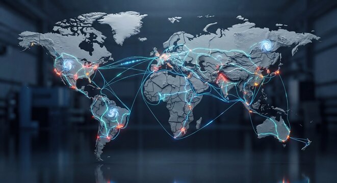 Conceptual visualization depicting an integrated global supply chain leveraging predictive analytics and real-time data for enhanced visibility and optimized operations