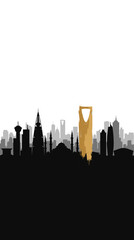 Obraz premium Silhouette of Riyadh's iconic skyline featuring the Kingdom Centre Tower and King Abdullah Financial District, set against a white background.