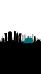 Obraz premium Silhouette of a modern city skyline with distinctive skyscrapers and a unique teal-colored building, set against a white background with a black foreground.