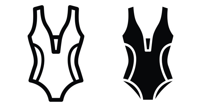 One piece swimsuit icon set featuring outline and solid black silhouette designs for summer beach wear and swimming pool swimwear