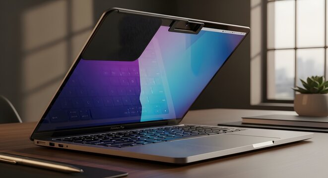 Modern laptop on a wooden desk with a webcam cover, ready for secure work in a sunlit office.