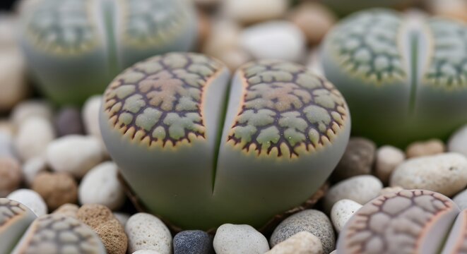 Close up of a split rock cactus in a pebble environment