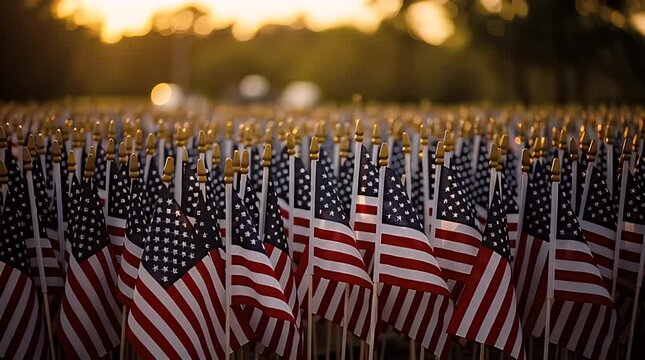 A solemn field of countless American flags proudly standing in rows under a warm, golden sky, symbolizing national unity and remembrance for freedom and sacrifice.