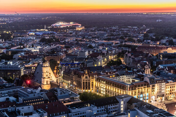 Fototapeta premium Night aerial view of Leipzig, Germany.