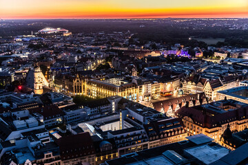 Fototapeta premium Night aerial view of Leipzig, Germany.