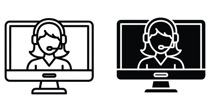 Customer service representative icon set showing female operator with headset on computer screen for online support call center help desk
