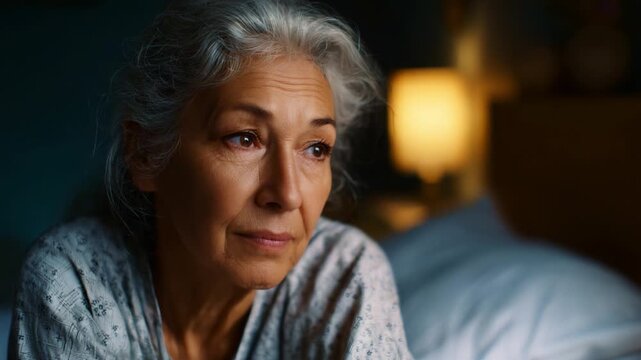 A contemplative moment captures the essence of reflection as an elderly woman gazes thoughtfully, lost in her memories in a softly lit bedroom ambiance.