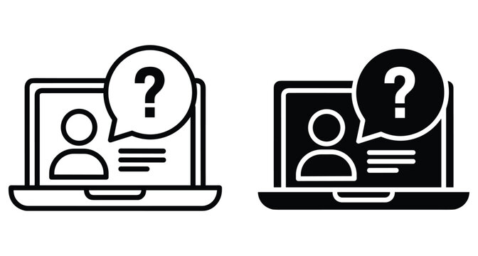 Laptop computer icon set with user profile and question mark speech bubble for online support help desk and customer service