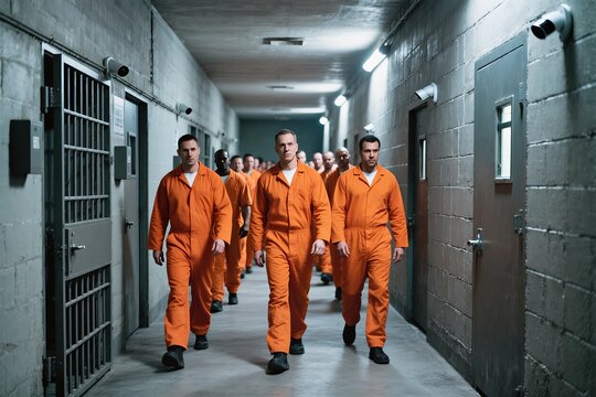 A group of inmates dressed in bright orange jumpsuits is walking together down a dimly lit prison corridor