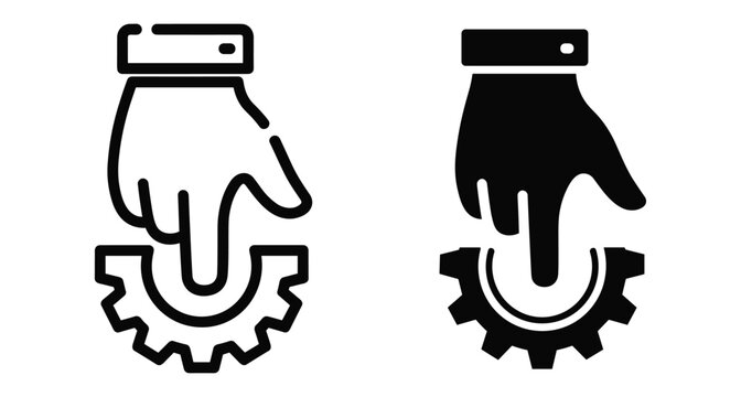 Hand pointing at gear icon representing manual settings configuration process management control system adjustment technical support maintenance service operation interface