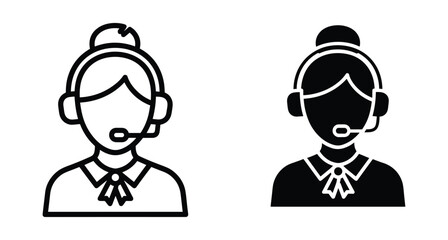 Fototapeta premium Female customer service representative icon set featuring call center agent with headset wearing professional uniform in line and solid style