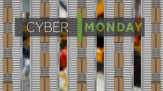 Animation of cyber monday text over cardboard boxes on conveyor belts in warehouse
