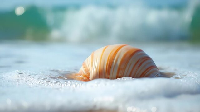 Shell on beach with ocean waves gently crashing around it. Beautiful shell emerges from foamy water with shimmering reflections from sunlight.