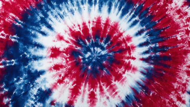 A close-up of a red, white, and blue tie-dye fabric with a spiral pattern. This image is suitable for use in textile design and creative backgrounds.