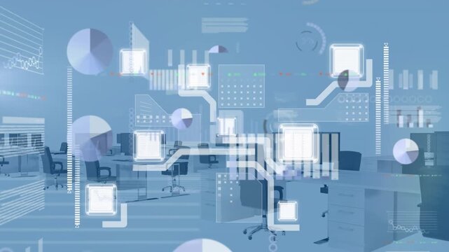 Digital interface with data processing against view of cityscape