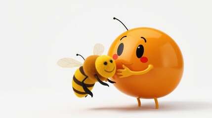 Obraz premium Cute bee hugs orange sphere. Minimalist design, soft lighting, playful scene. Simple shapes, cheerful colors, digital rendering.