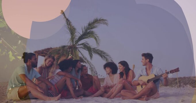 Animation of blue banner with copy space over diverse group of friends enjoying at the beach