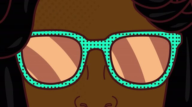 Animation of cartoon african american woman face in glasses