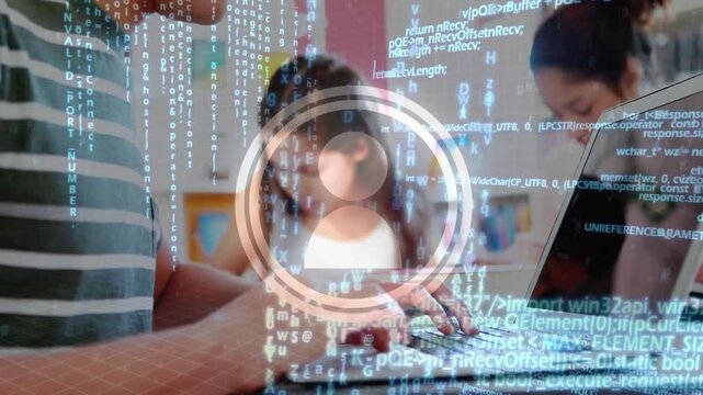 Animation on icon and data processing over hands of caucasian boy using laptop