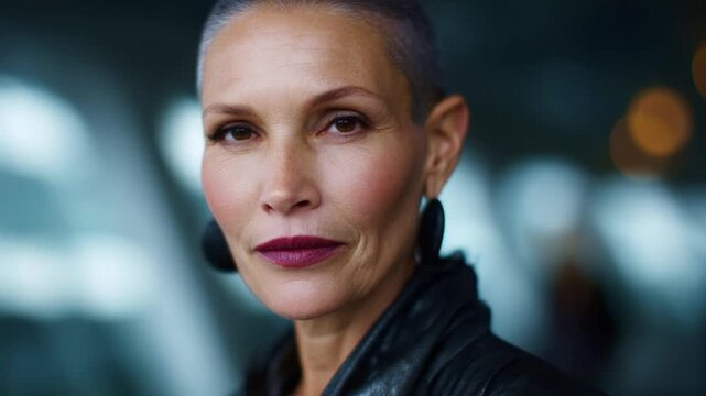 Confident Woman with Short Silver Hair and Bold Lip Color, Showcasing Modern Style and Poised Expression in a Soft-Focused Background with Bokeh Lights