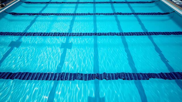 Clear swimming pool with blue water and lane markings for competitive swimming. Swimming pool features bright reflections, inviting atmosphere, and perfect setting for aquatic activities.
