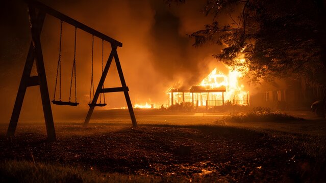 Realistic night coverage of a Victorian style house burning ferociously, bright flames reflecting off a metal swing set