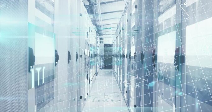 Animation of processing data and maths calculations over computer server room