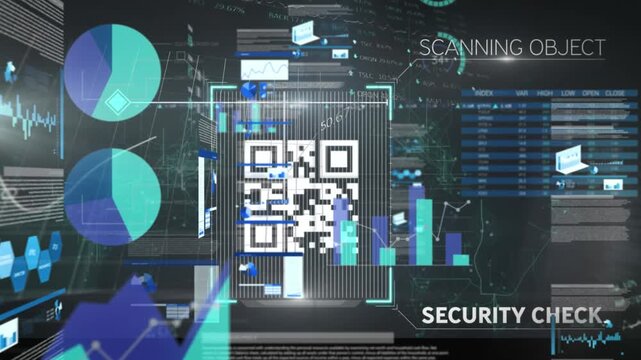 Animation of qr code over digital processing on black background