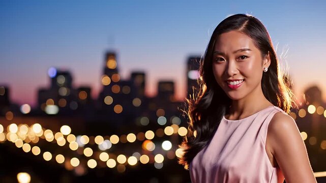 Medium close-up of a smiling young Asian woman confidently looking at camera with a blurred city skyline at dusk.