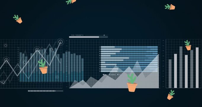 Animation of falling cactus plant over multiple graphs against blue background