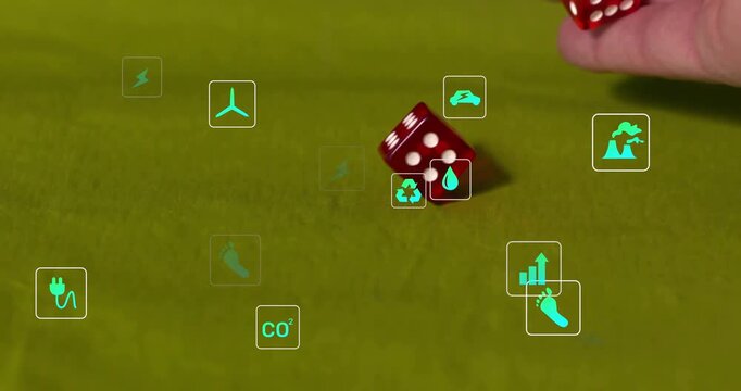 Animation of ecology icons over hand with dices